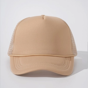 Classic beige trucker hat with breathable mesh and front rope detail on white background