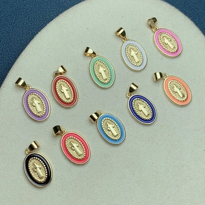 Oval Religious Pendant Copper Gold Plated With Colorful Enamel Virgin Mary Jesus Charm For DIY Jewelry Making Retro Style