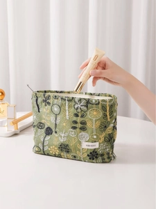 Floral embroidered cotton linen makeup bag in olive green with large capacity