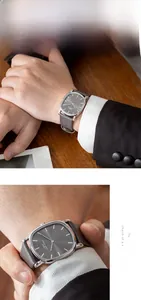 Close-up and lifestyle view of an ultra-thin men's oval leather watch on a wrist