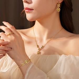 Parure de bijoux dorés avec pierres jaunes portée par un mannequin dans un cadre élégant