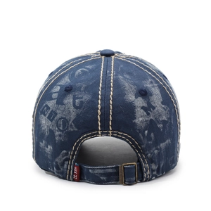 Vintage washed navy blue denim baseball cap with white contrast stitching and adjustable metal buckle