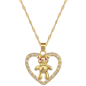 Elegant gold-plated bear pendant necklace with heart-shaped crystal halo and red eyes