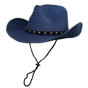 Detail of dark blue straw cowboy hat featuring metal studs and adjustable chin strap