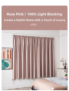 Bedroom setup showing 100% blackout curtain in elegant pink fabric with velcro design