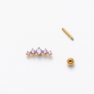 Golden caterpillar earring with purple zircon stones shown in a disassembled view