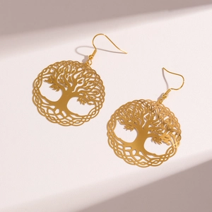 Golden Tree of Life stainless steel drop earrings with elegant hollow circular design