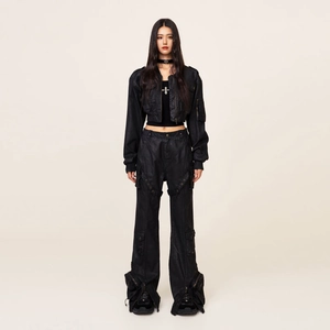 Women's black punk waxed cargo jacket and flared trousers two-piece streetwear set