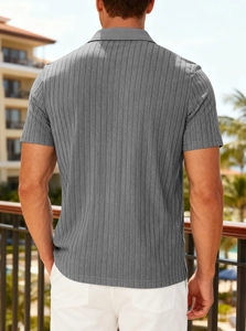 Close-up of men's grey vertical stripe textured polo shirt showing back tailoring