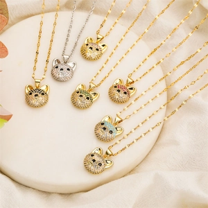 Shiba Inu Dog Head Pendant Necklace Stainless Steel Chain Colorful Zircon Inlay Hip Hop Punk Animal Jewelry For Women Men