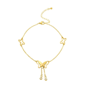 Minimalist 18K gold plated titanium steel butterfly charm anklet with dainty rhinestones