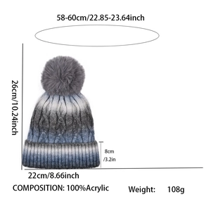 Gradient knit beanie with pompom and thick lining, sized 58-60cm for winter warmth