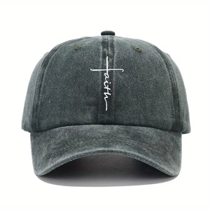Casquette vintage gris foncé en coton avec broderie croix faith blanche élégante