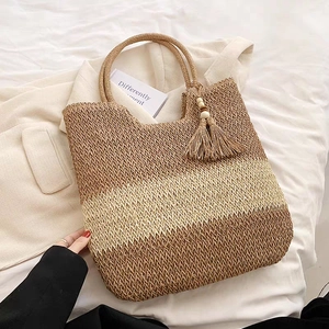 Handwoven tri-color striped straw tote bag with fringe tassel and wooden beads for summer