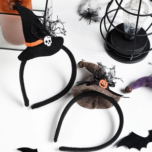 Classic Halloween witch hat headband with pumpkin and spider web mesh decor