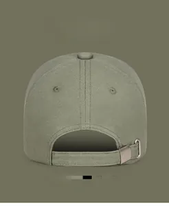 Detail view of olive green baseball cap showing back stitching and adjustable metal buckle