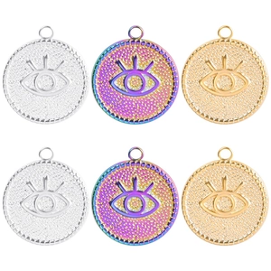 Evil Eye Round Coin Pendant Necklace Stainless Steel Retro Geometric Jewelry Rainbow Gold Silver For Men Women