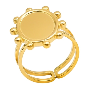 Detailed view of an adjustable gold stainless steel ring with a sunburst geometric design
