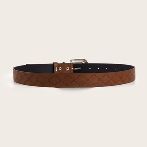 Brown textured leather belt with silver pin buckle and diamond embossed pattern design