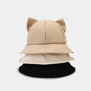 Cute cat ear bucket hats for women in khaki, beige, and black cotton sun protection caps