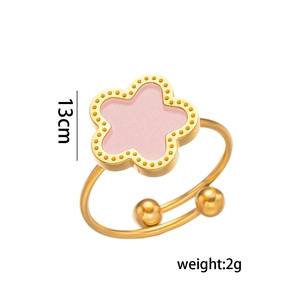 Adjustable gold flower ring with pink five-leaf clover design and 2g lightweight finish