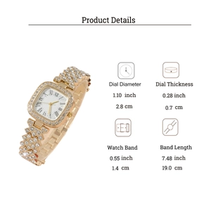 Detail showing dimensions of the gold square roman numeral watch with crystal accents