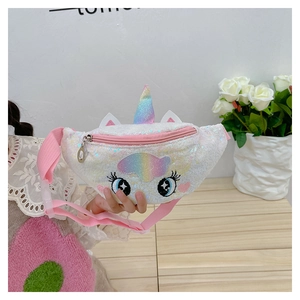 Close-up of white sequin unicorn fanny pack with pink zipper and rainbow details