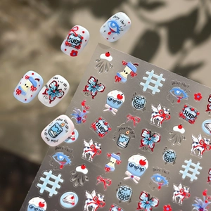 Nail Art Stickers Adhesive Decals Retro Cartoon Y2K Style Butterfly Cupcake Blue Red White DIY Manicure Decor For Women