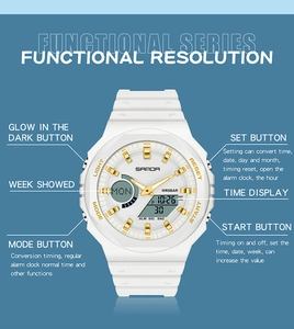 Close-up of SANDA white resin watch with dual display, golden markers and WR5BAR feature