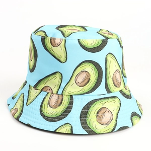 Detail of light blue bucket hat featuring avocado prints and reinforced brim stitching