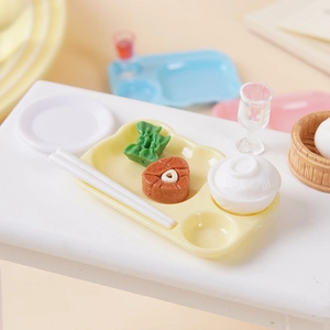 Miniature DIY dollhouse kitchen set with heart tray, rice bowl, and tiny meal accessories