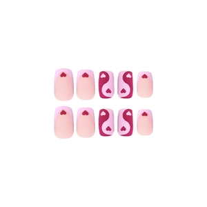 Pink and burgundy press-on nails with heart and tai chi patterns design
