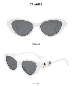 White cat eye sunglasses with gray lenses and gold star detail, front and 45-degree side views