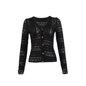Detail of black lace cardigan with V-neckline and button-up front on white background