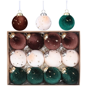 Set of velvet Christmas balls with gold star and moon patterns in beige, brown and green
