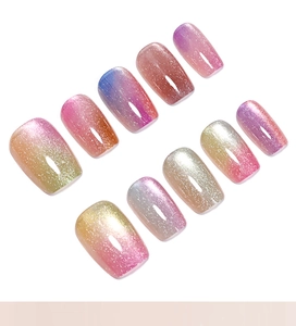 Detailed view of rainbow cat eye press-on nails with vibrant colorful gradient and shimmer