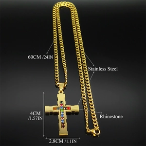 Gold stainless steel cross necklace with colorful rhinestones on a black background