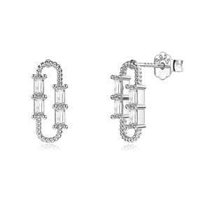 Minimalist S925 sterling silver paperclip earrings with rectangular cubic zirconia stones