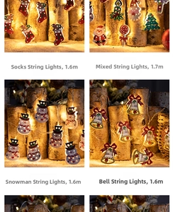 Detail of 1.6m Christmas LED string lights with socks, bells and snowman ornaments
