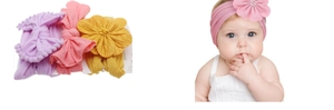 Detailed set of three high-elastic nylon baby headbands with floral and bow designs