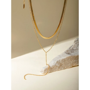 Elegant 18k gold stainless steel double layer Y-necklace with flat snake chain and thin link