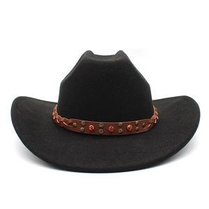 Chapeau De Cowboy Western Vintage En Feutre De Laine Large Bord Avec Bande Cuir Rivets Gemme Retro Unisex