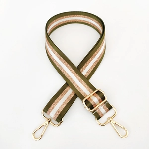 Adjustable olive green and white nylon strap with gold thread and metal swivel hooks