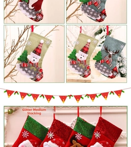 Detail of medium linen Christmas stockings with 3D appliques and sequined holiday gift bags