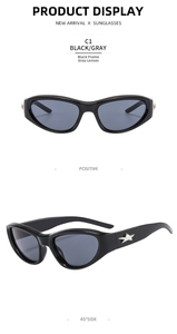 Front and side view of trendy cat eye sunglasses with silver star detail on black frame