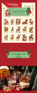 Macro shot of 30 retro Christmas deer stickers with gold foil details for scrapbooking