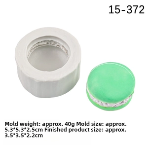 Detail of macaron silicone mold with product dimensions and sample finished pastry