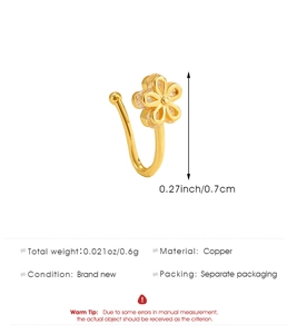 Detailed view of gold tulip nose clip with zirconia stones and size specifications