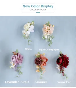 Detail showing artificial floral corsages in white, champagne, purple, and burgundy colors