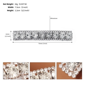 Detailed dimension guide and macro view of the sparkling rhinestone spring hair clip